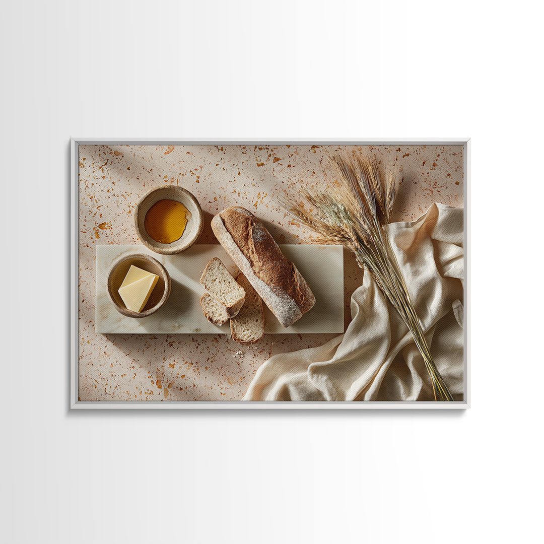 Baguette and Butter Still Life on Marble Framed Canvas Print, Bakery Art, Kids Art, Bakery Decor, Fine Art, Patisserie, BAK-3x2-36