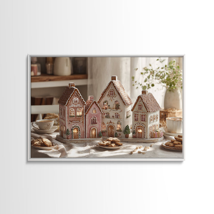 Gingerbread Houses in Charming Folk Art Style Canvas Print, Bakery Art, Digital Download Art, Bakery Decor, Patisserie, BAK-3x2-42