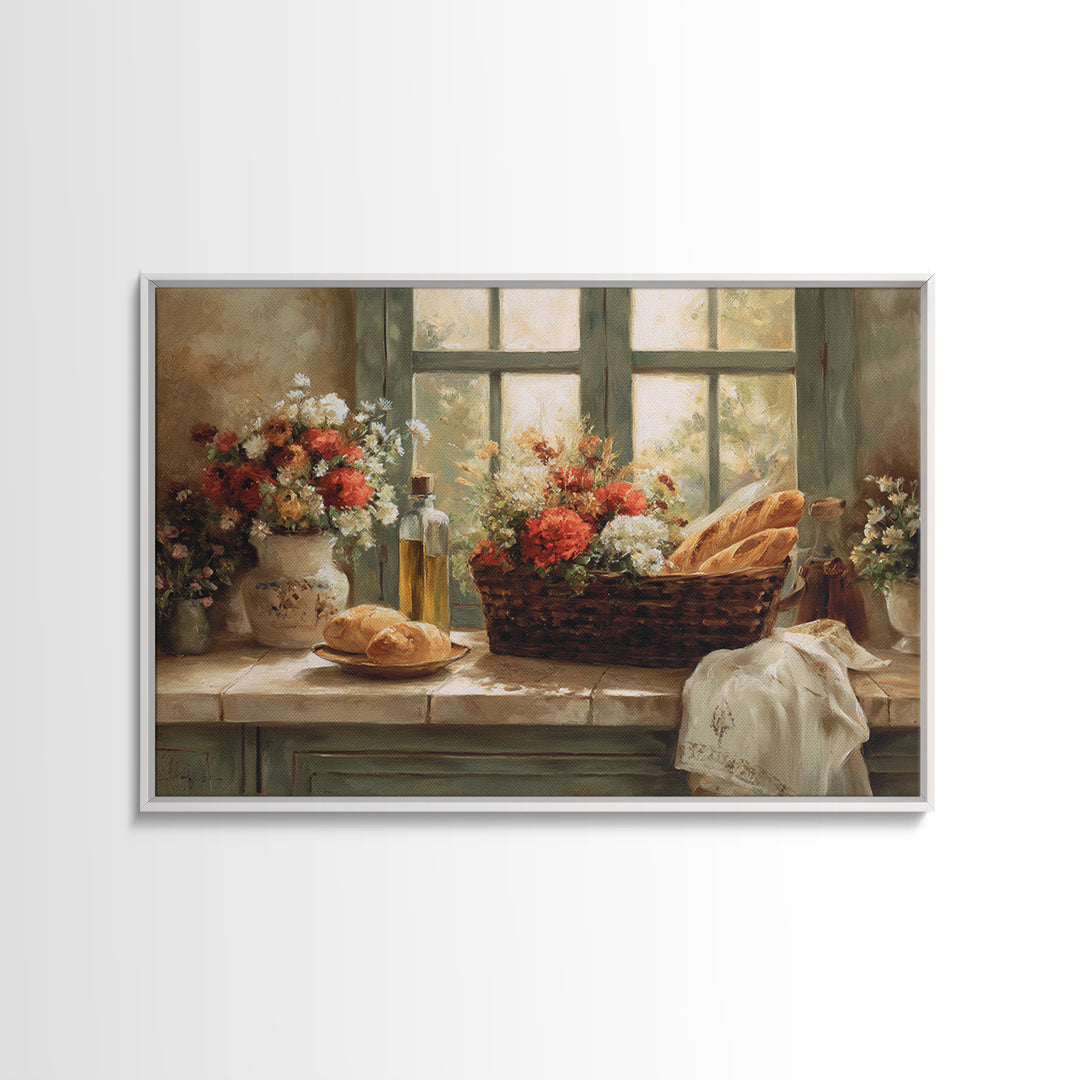 French Market Basket Filled Framed Canvas Print, Bakery Art, Kitchen Art Print, Bakery Decor, Patisserie, Modern Decor, BAK-3x2-46