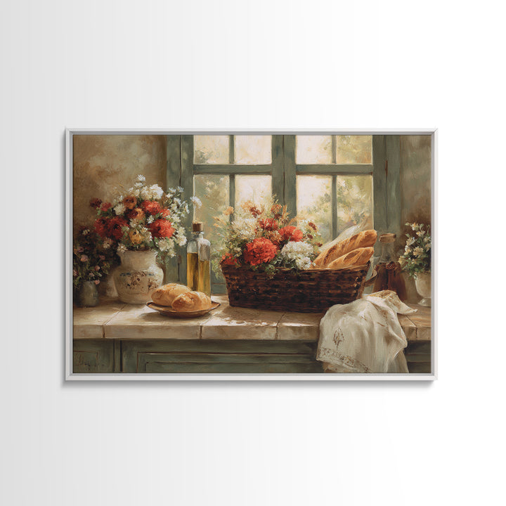 French Market Basket Filled Framed Canvas Print, Bakery Art, Kitchen Art Print, Bakery Decor, Patisserie, Modern Decor, BAK-3x2-46