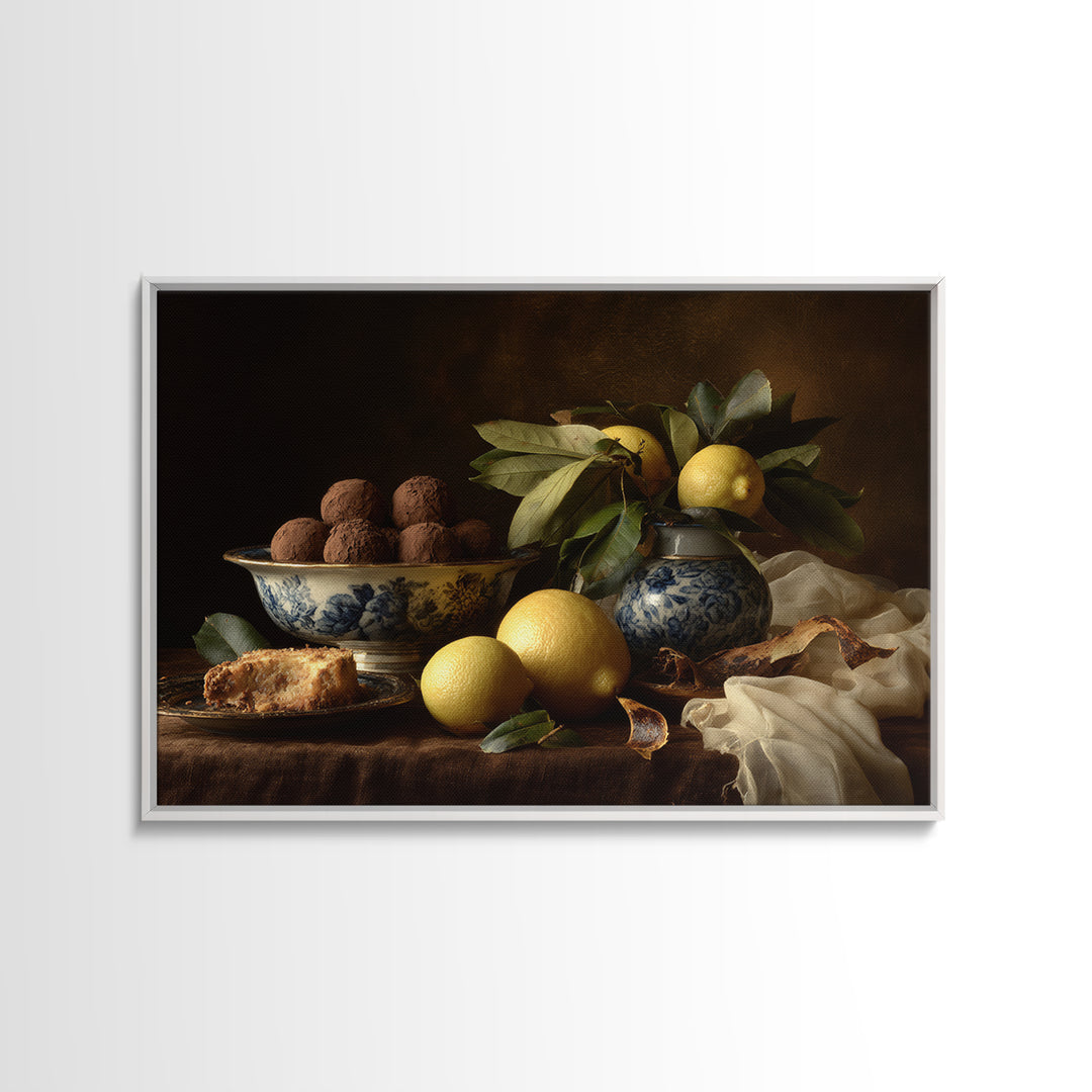 Chocolate Truffle Still Life Framed Canvas Print, Bakery Art, Kitchen Wall Art, Bakery Decor, Oil Painting, Patisserie, BAK-3x2-47