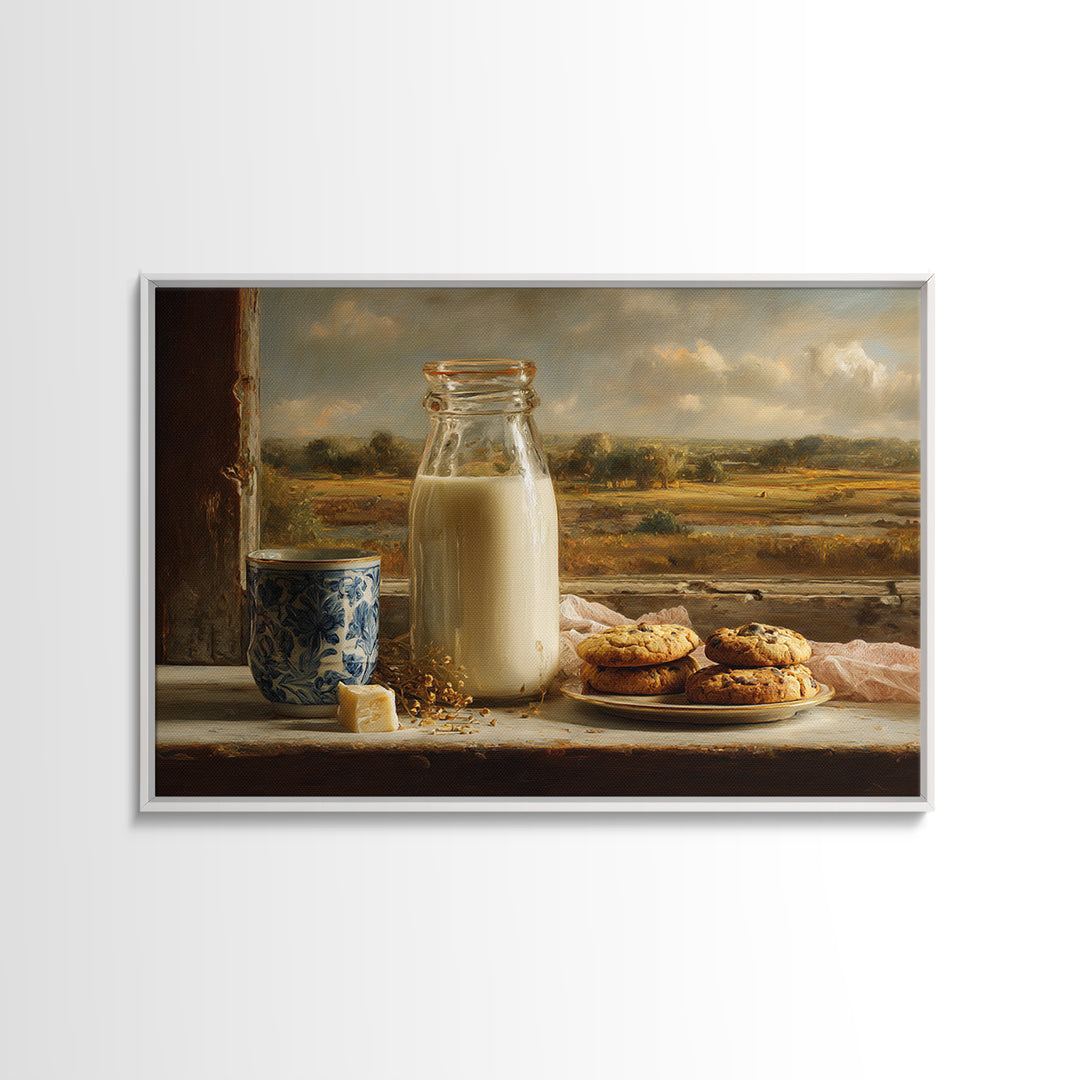 Milk Bottle and Cookies Nostalgic Still Life Framed Canvas Print, Bakery Art, Watercolor Print, Bakery Decor, Oil Painting, BAK-3x2-50