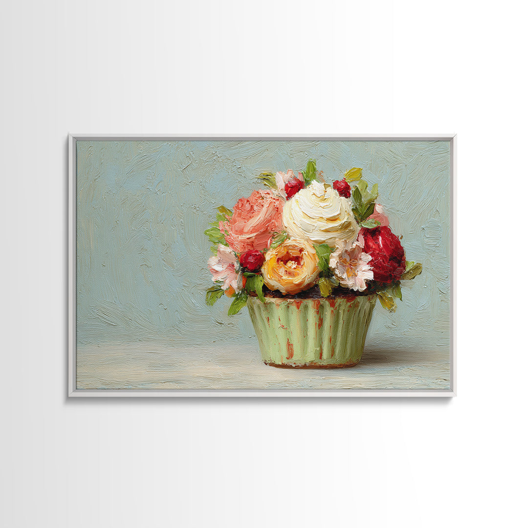 Cupcake Bouquet Painted Framed Canvas Print, Bakery Art, Kitchen Wall Art, Bakery Decor, Oil Painting, Patisserie, BAK-3x2-59