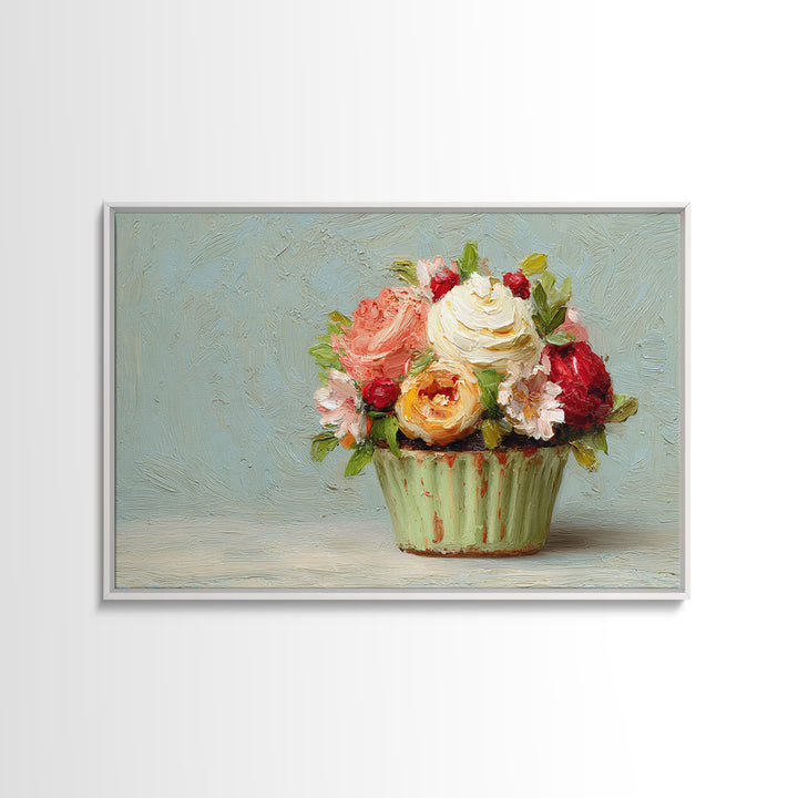 Cupcake Bouquet Painted Framed Canvas Print, Bakery Art, Kitchen Wall Art, Bakery Decor, Oil Painting, Patisserie, BAK-3x2-59