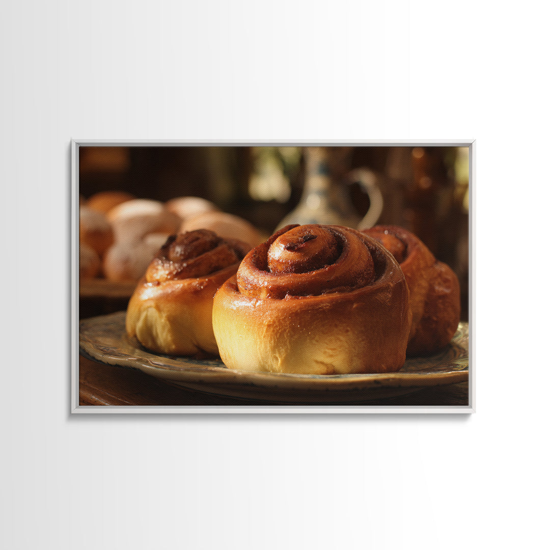 Cinnamon Rolls in a Warm Country Kitchen Framed Canvas Print, Bakery Art, Neutral Wall Art, Bakery Decor, Fine Art, Patisserie, BAK-3x2-63