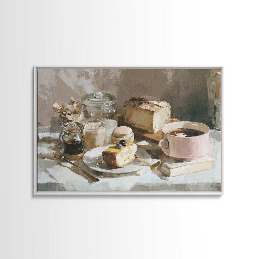 Painterly Eclair and Coffee Still Life Framed Canvas Print, Bakery Art, Bakery Decor, Abstract Art, Patisserie, BAK-3x2-64