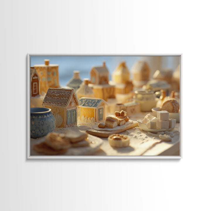 Gingerbread Houses in Charming Folk Art Style Canvas Print, Bakery Art, Digital Download Art, Bakery Decor, Patisserie, BAK-3x2-66