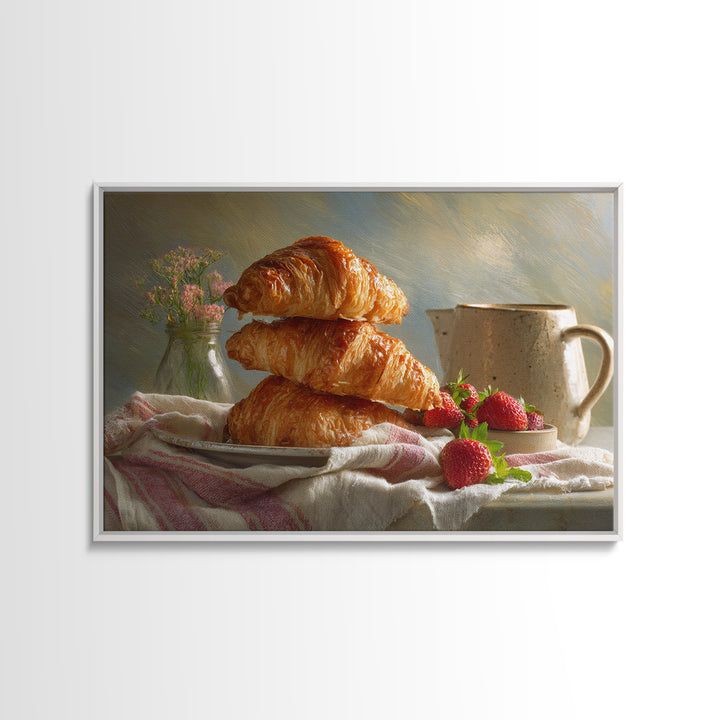 Buttery Croissants Stacked on Striped Linen Framed Canvas Print, Bakery Art, Room Decor, Bakery Decor, Abstract Art, Patisserie, BAK-3x2-77