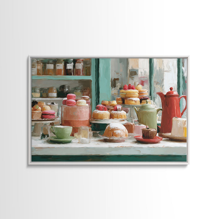 French Patisserie Window Display of Pastel Pastries Framed Canvas Print, Bakery Art, Kids Art, Bakery Decor, Patisserie, BAK-3x2-78