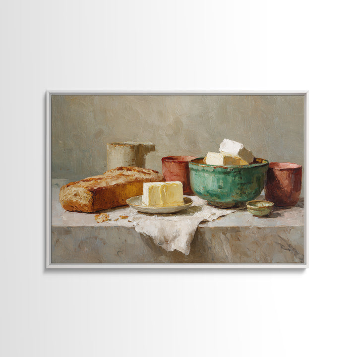 Baguette and Butter Still Life on Marble Canvas Print, Bakery Art, Wall Decor, Bakery Decor, Patisserie, Kitchen Prints, BAK-3x2-84