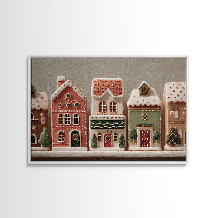 Gingerbread Houses in Charming Folk Art Style Framed Canvas Print, Bakery Art, Whimsical Wall Art, Bakery Decor, Patisserie, BAK-3x2-90