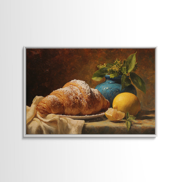 Almond Croissant Closeup Framed Canvas Print, Bakery Art, Kitchen Prints, Bakery Decor, Oil Painting, Patisserie, Fine Art, BAK-3x2-91