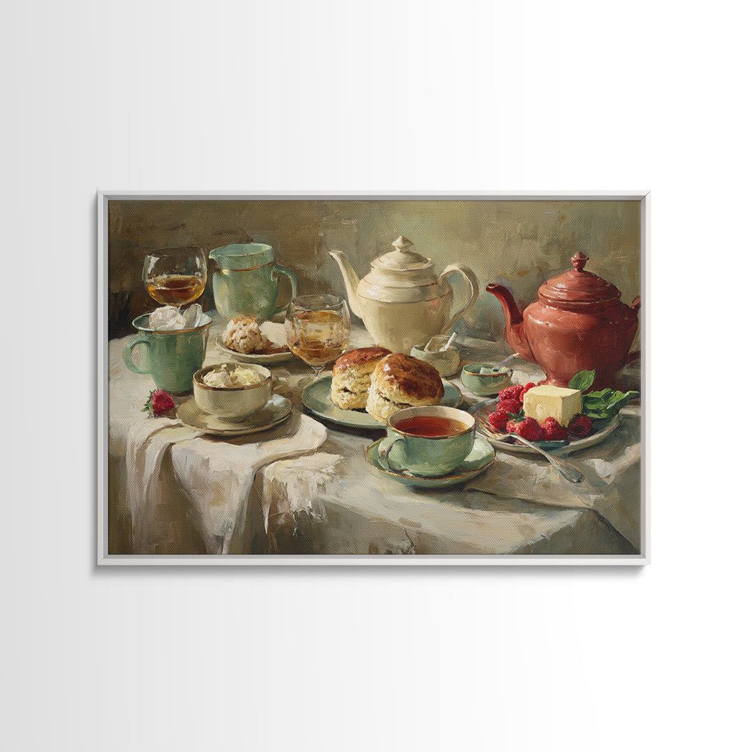 Tea and Scone Arrangement Framed Canvas Print, Bakery Art, Printable Wall Art, Bakery Decor, Patisserie, Coffee Wall Art, BAK-3x2-96
