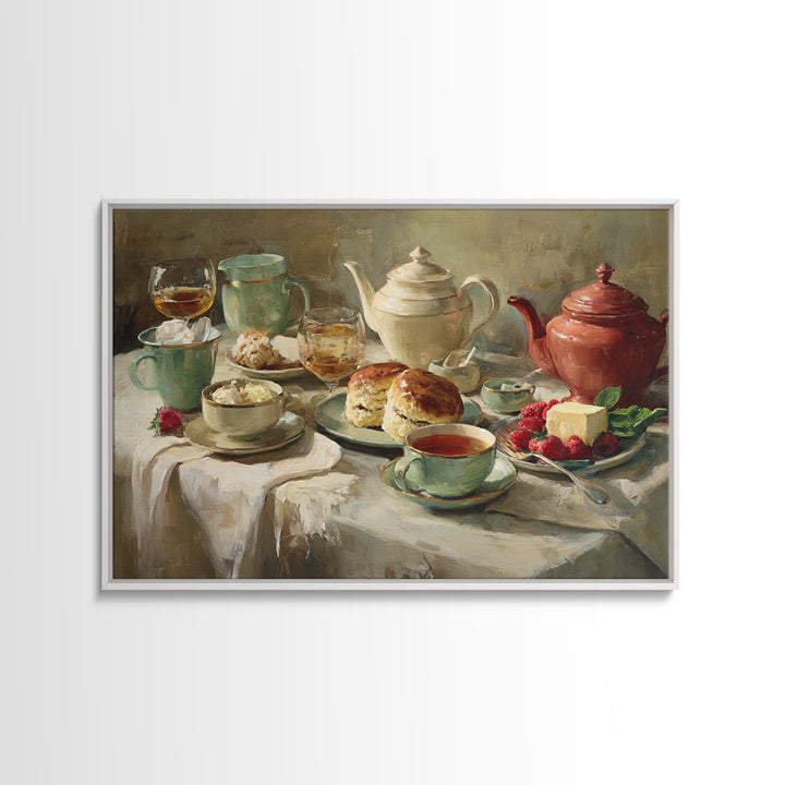 Tea and Scone Arrangement Framed Canvas Print, Bakery Art, Printable Wall Art, Bakery Decor, Patisserie, Coffee Wall Art, BAK-3x2-96