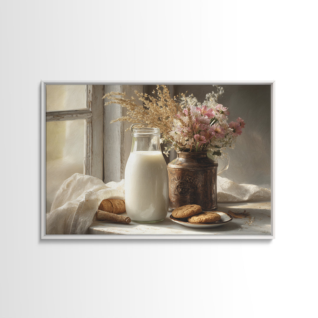 Milk Bottle and Cookies Nostalgic Still Life Canvas Print, Bakery Art, Fine Art, Bakery Decor, Patisserie, Textured Painting, BAK-3x2-98