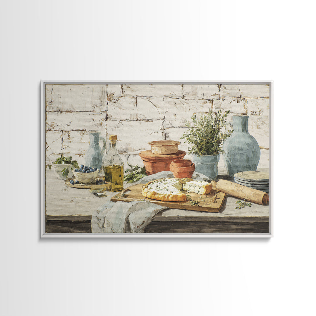 Blueberry Galette with Rustic Farmhouse Texture Framed Canvas Print, Bakery Art, Watercolor Painting, Bakery Decor, Patisserie, BAK-3x2-99