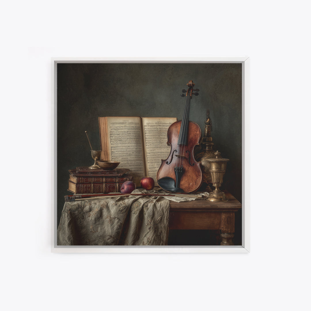 Baroque Violin and Sheet Music Still Life Framed Canvas Print, Baroque Art, Digital Wall Art, Living Room Decor, Ornate, BAO-1x1-11