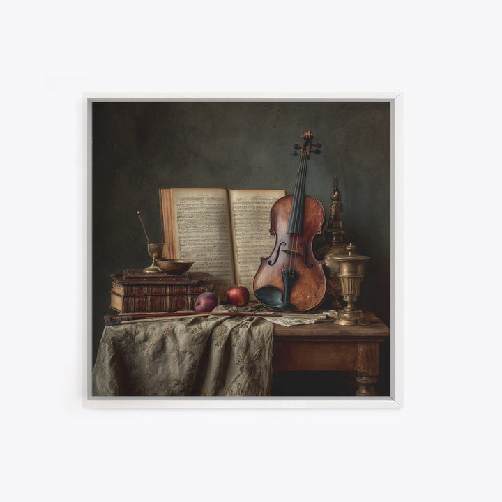 Baroque Violin and Sheet Music Still Life Framed Canvas Print, Baroque Art, Digital Wall Art, Living Room Decor, Ornate, BAO-1x1-11