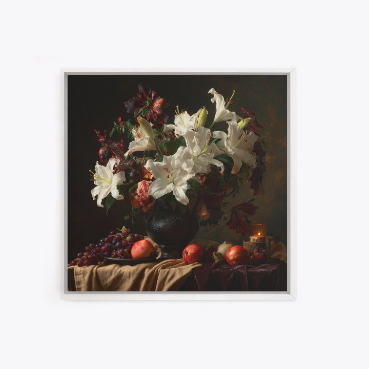 Dramatic White Lilies Framed Canvas Print, Baroque Art, Painting, Living Room Decor, Fine Art, Ornate, Living Room Wall Art, BAO-1x1-12