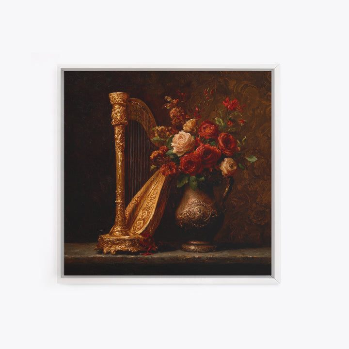 Golden Harp and Roses Canvas Print, Baroque Art, Printable Art, Living Room Decor, Ornate, Gallery Wall, Dark Academia Art, BAO-1x1-18