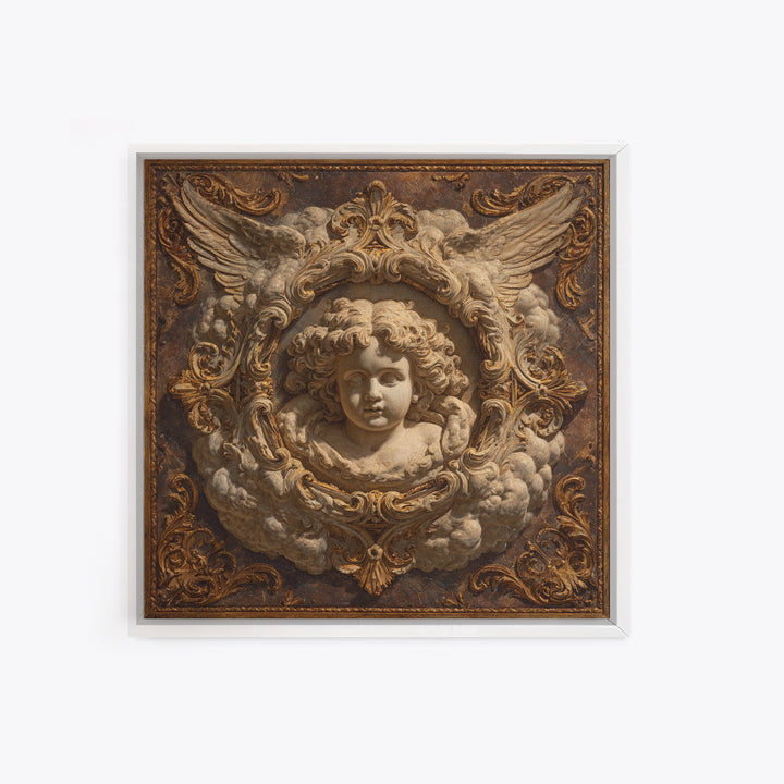 Ornate Cherub Figure Surrounded by Clouds and Framed Canvas Print, Baroque Art, Whimsical Decor, Living Room Decor, Ornate, BAO-1x1-2