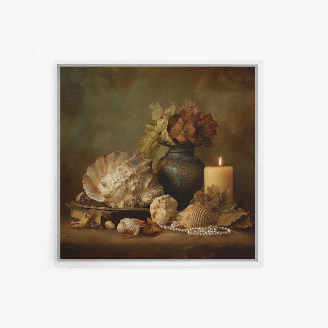 Ornamental Shell and Pearl Composition Canvas Print, Baroque Art, Dark Academia Decor, Living Room Decor, Oil Painting, Ornate, BAO-1x1-22