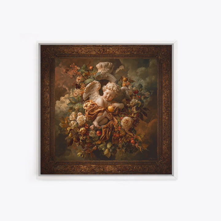 Ornate Cherub Figure Surrounded by Clouds and Canvas Print, Baroque Art, Moody Wall Art, Living Room Decor, Fine Art, Ornate, BAO-1x1-26