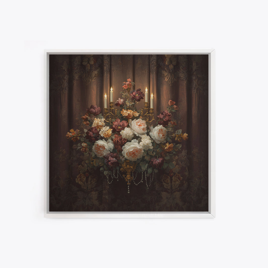 Velvet Drapery with Pearls Flowers and Candlelight Canvas Print, Baroque Art, 3d Wall Art, Living Room Decor, Ornate, BAO-1x1-27