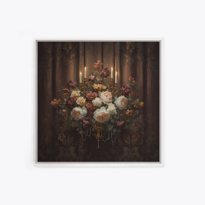 Velvet Drapery with Pearls Flowers and Candlelight Canvas Print, Baroque Art, 3d Wall Art, Living Room Decor, Ornate, BAO-1x1-27