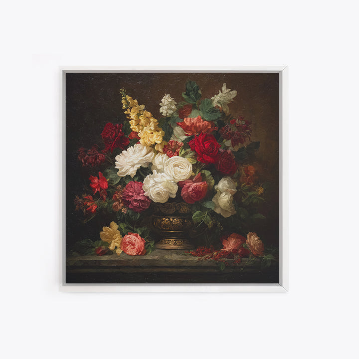 Dark Floral Arrangement Framed Canvas Print, Baroque Art, Oil Painting, Living Room Decor, Fine Art, Ornate, Eclectic Wall Art, BAO-1x1-28