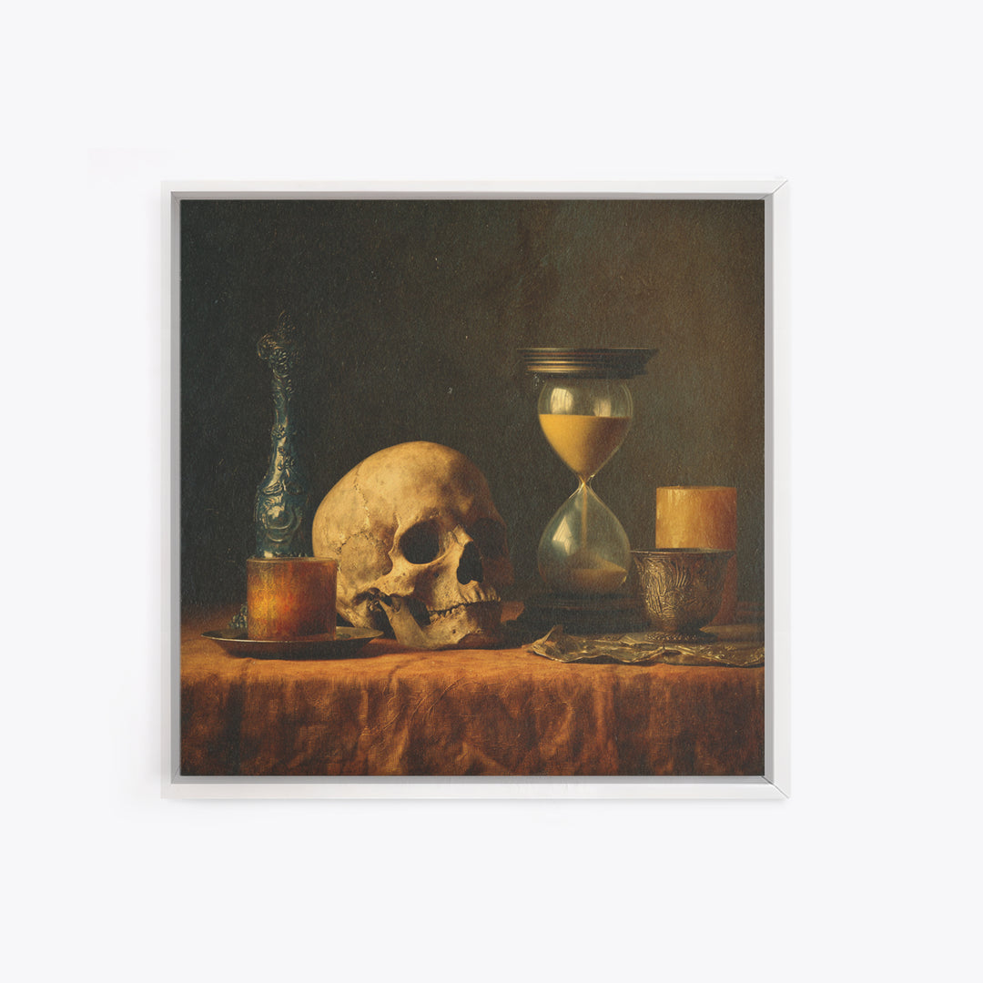 Skull and Hourglass Vanitas Still Life Framed Canvas Print, Baroque Art, Dark Academia Art, Living Room Decor, Fine Art, Ornate, BAO-1x1-29