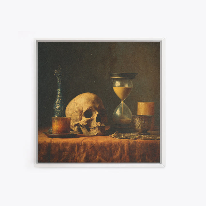 Skull and Hourglass Vanitas Still Life Framed Canvas Print, Baroque Art, Dark Academia Art, Living Room Decor, Fine Art, Ornate, BAO-1x1-29