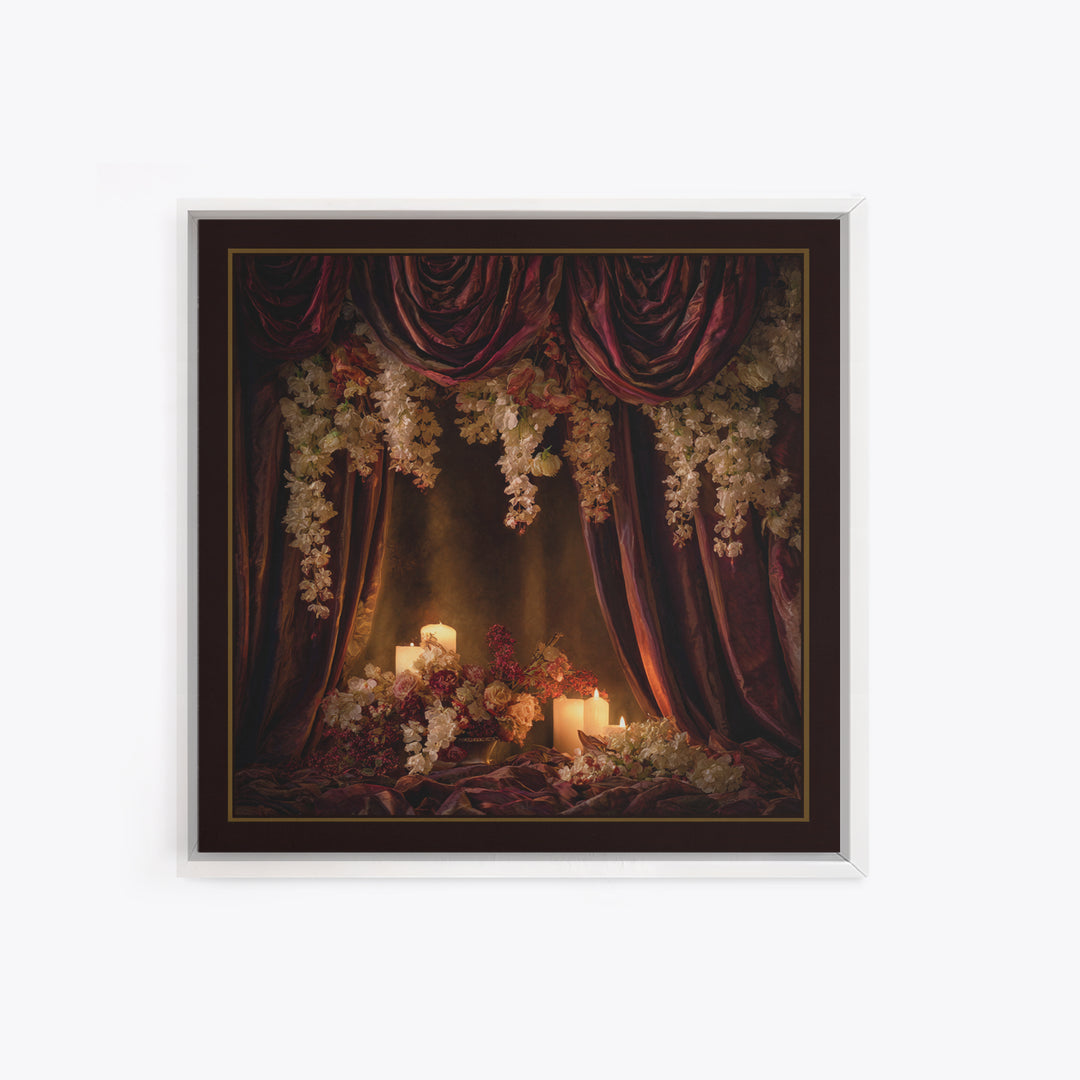 Velvet Drapery with Pearls Flowers and Candlelight Canvas Print, Baroque Art, Canvas, Living Room Decor, Fine Art, Ornate, BAO-1x1-3