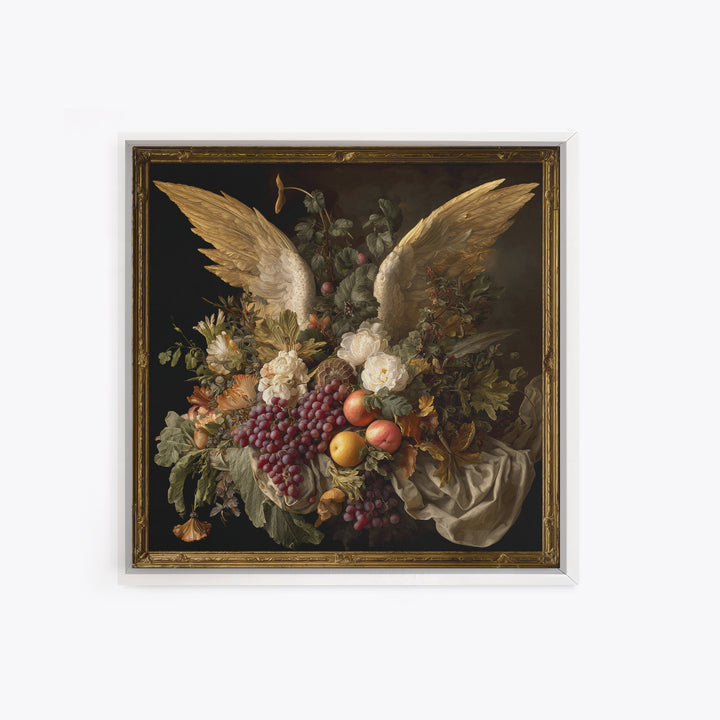 Gilded Angel Wings Emerging from Storm Clouds Canvas Print, Baroque Art, Minimalist Wall Art, Living Room Decor, Oil Painting, BAO-1x1-30