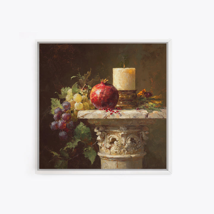 Pomegranate and Grapes on a Marble Ledge Framed Canvas Print, Baroque Art, Home Decor, Living Room Decor, Fine Art, Ornate, BAO-1x1-32