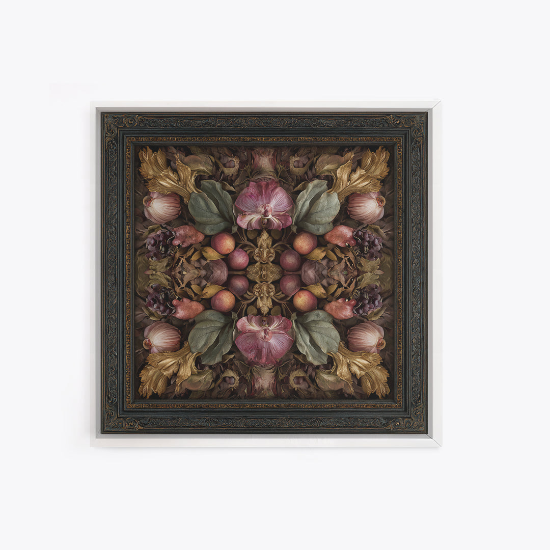 Ornate Gold Frame Illusion Around a Botanical Framed Canvas Print, Baroque Art, Maximalist Decor, Living Room Decor, Ornate, BAO-1x1-33