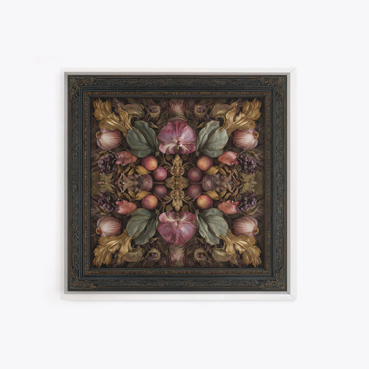 Ornate Gold Frame Illusion Around a Botanical Framed Canvas Print, Baroque Art, Maximalist Decor, Living Room Decor, Ornate, BAO-1x1-33