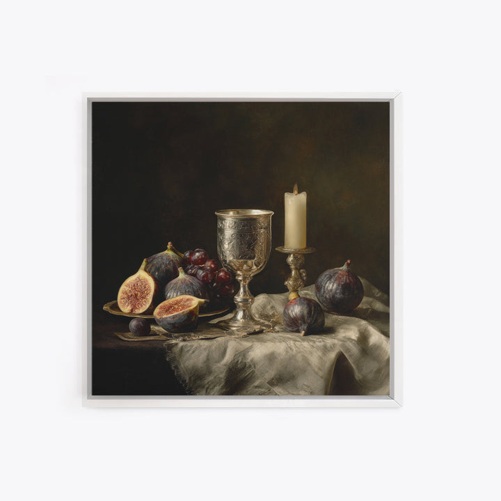 Candlelit Table with Silver Goblet and Figs Canvas Print, Baroque Art, Room Decor Aesthetic, Living Room Decor, Ornate, BAO-1x1-37