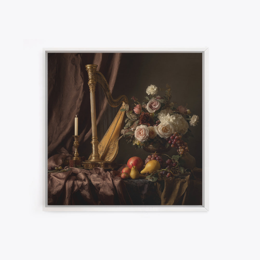 Golden Harp and Roses Framed Canvas Print, Baroque Art, Modern Wall Art, Living Room Decor, Abstract Art, Ornate, Feminist Art, BAO-1x1-42