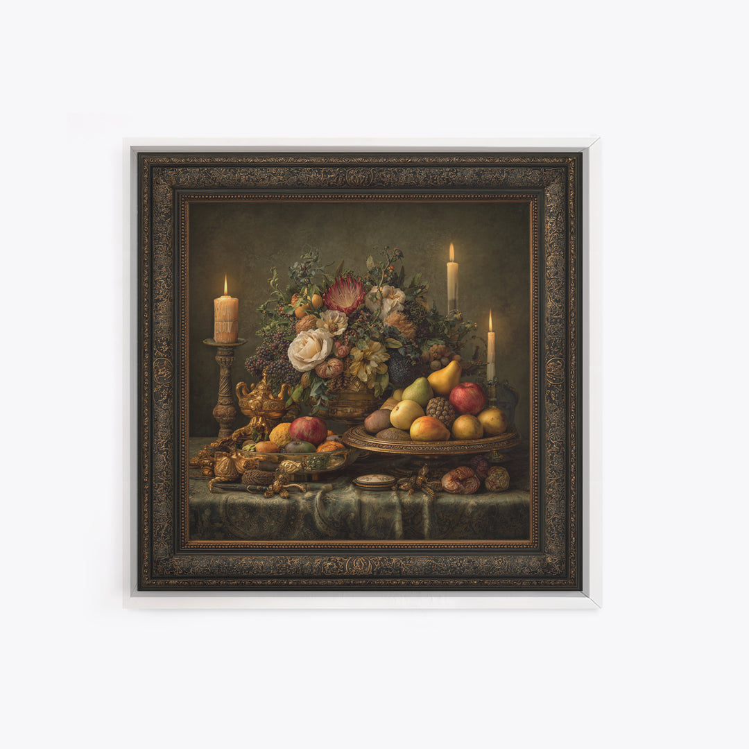 Lavish Banquet Fruit Composition Framed Canvas Print, Baroque Art, Whimsical Decor, Living Room Decor, Fine Art, Ornate, BAO-1x1-44