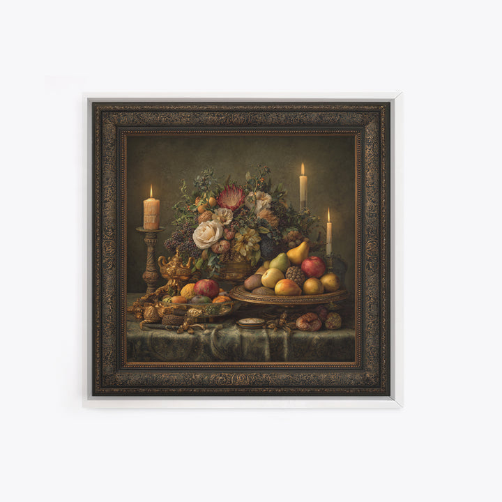 Lavish Banquet Fruit Composition Framed Canvas Print, Baroque Art, Whimsical Decor, Living Room Decor, Fine Art, Ornate, BAO-1x1-44