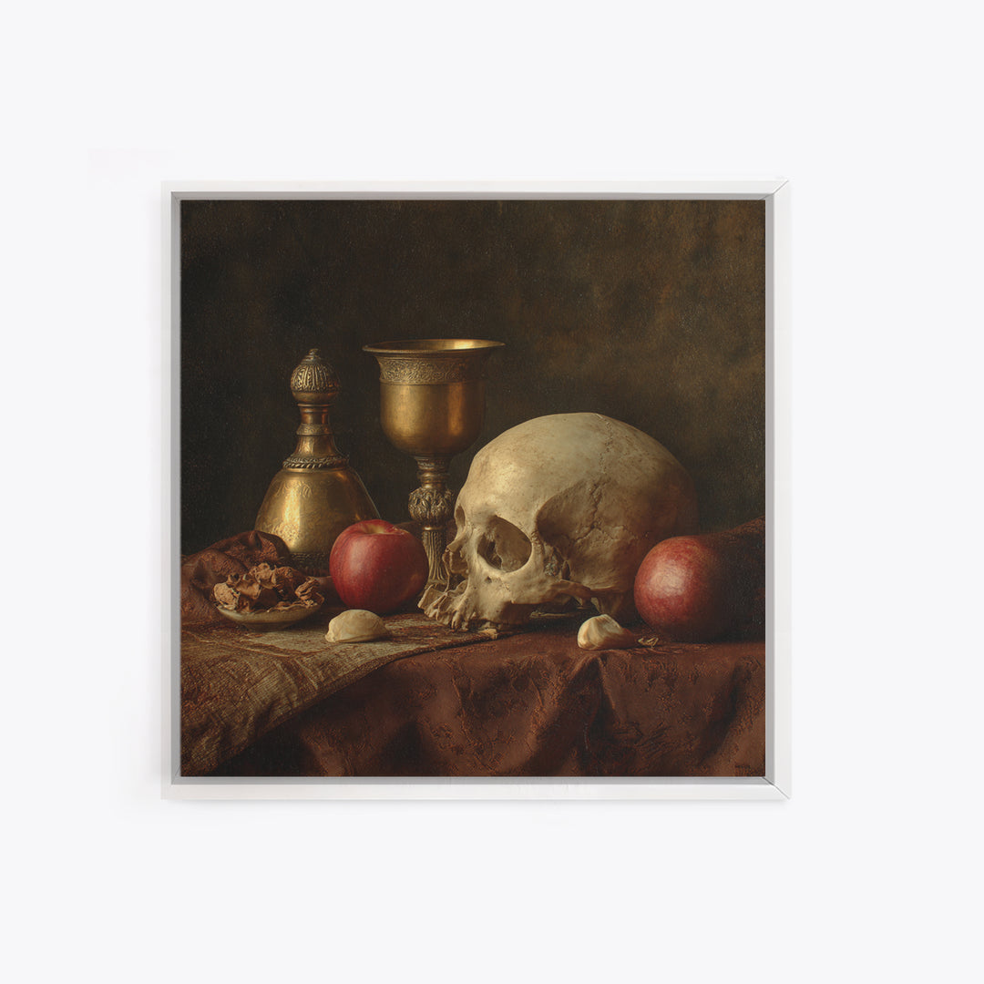 Skull and Hourglass Vanitas Still Life Canvas Print, Baroque Art, Moody Wall Art, Living Room Decor, Fine Art, Ornate, BAO-1x1-5
