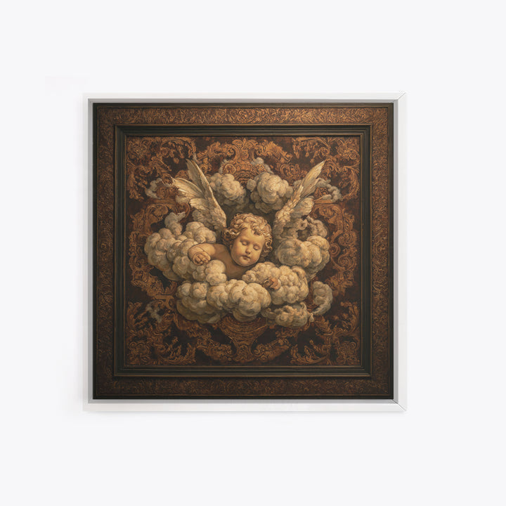 Ornate Cherub Figure Surrounded by Clouds and Canvas Print, Baroque Art, Moody Wall Art, Living Room Decor, Fine Art, Ornate, BAO-1x1-50