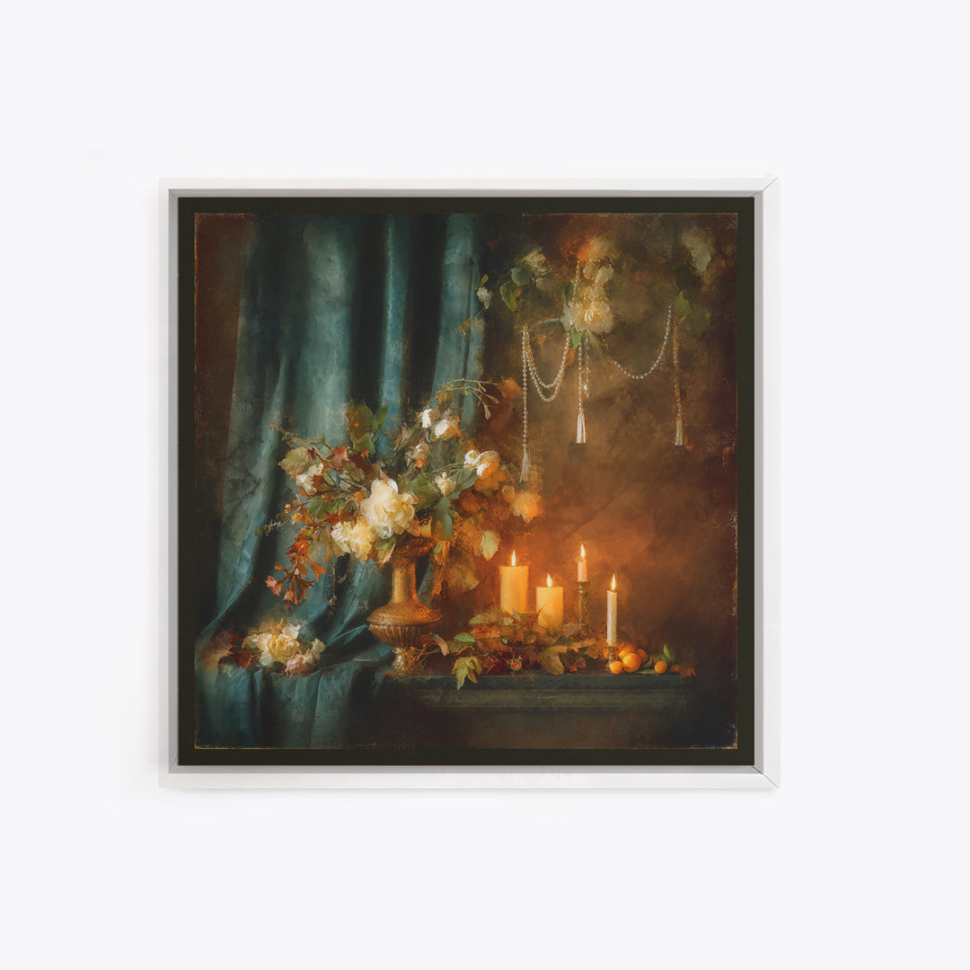 Velvet Drapery with Pearls Flowers and Candlelight Canvas Print, Baroque Art, Maximalist Decor, Living Room Decor, Ornate, BAO-1x1-51