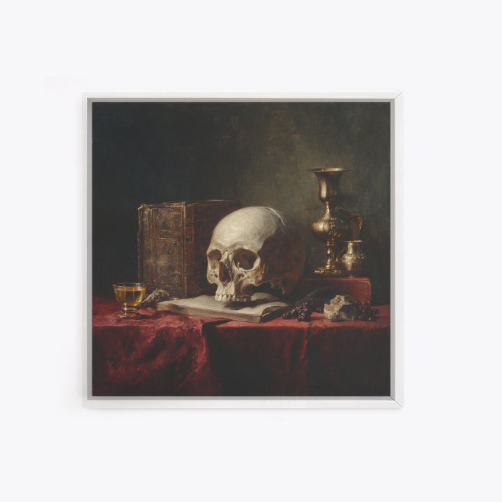 Skull and Hourglass Vanitas Still Life Framed Canvas Print, Baroque Art, Dark Academia Art, Living Room Decor, Fine Art, Ornate, BAO-1x1-53