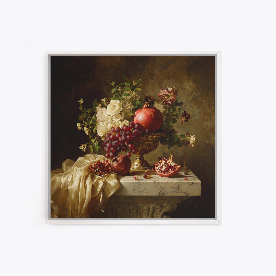 Pomegranate and Grapes on a Marble Ledge Framed Canvas Print, Baroque Art, Digital Wall Art, Living Room Decor, Ornate, BAO-1x1-56