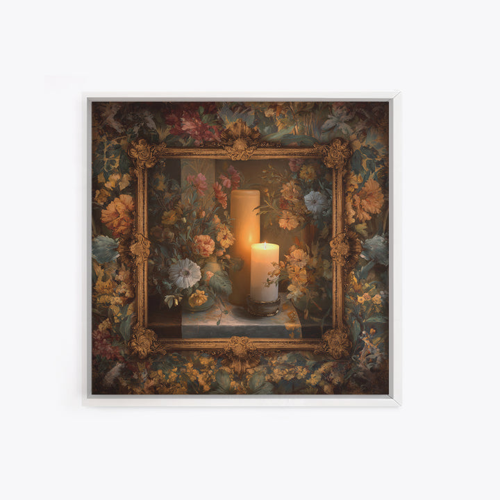 Ornate Gold Frame Illusion Around a Botanical Framed Canvas Print, Baroque Art, Maximalist Decor, Living Room Decor, Ornate, BAO-1x1-57