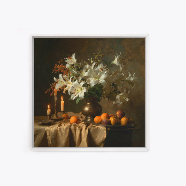 Dramatic White Lilies Canvas Print, Baroque Art, Portrait Painting, Living Room Decor, Fine Art, Ornate, Neutral Decor, BAO-1x1-60