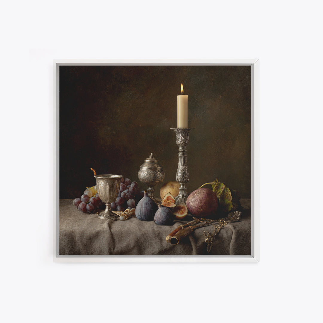 Candlelit Table with Silver Goblet and Figs Canvas Print, Baroque Art, Room Decor Aesthetic, Living Room Decor, Ornate, BAO-1x1-61