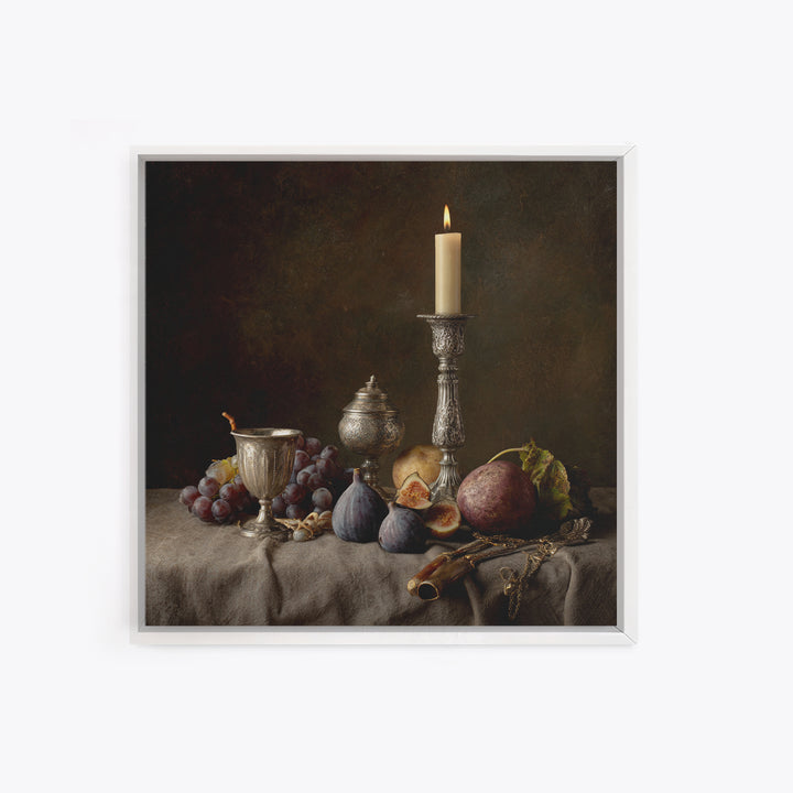 Candlelit Table with Silver Goblet and Figs Canvas Print, Baroque Art, Room Decor Aesthetic, Living Room Decor, Ornate, BAO-1x1-61